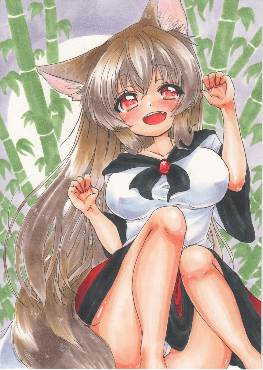 1girl, absurdres, animal_ears, bamboo, bamboo_forest, blush, breasts, brooch