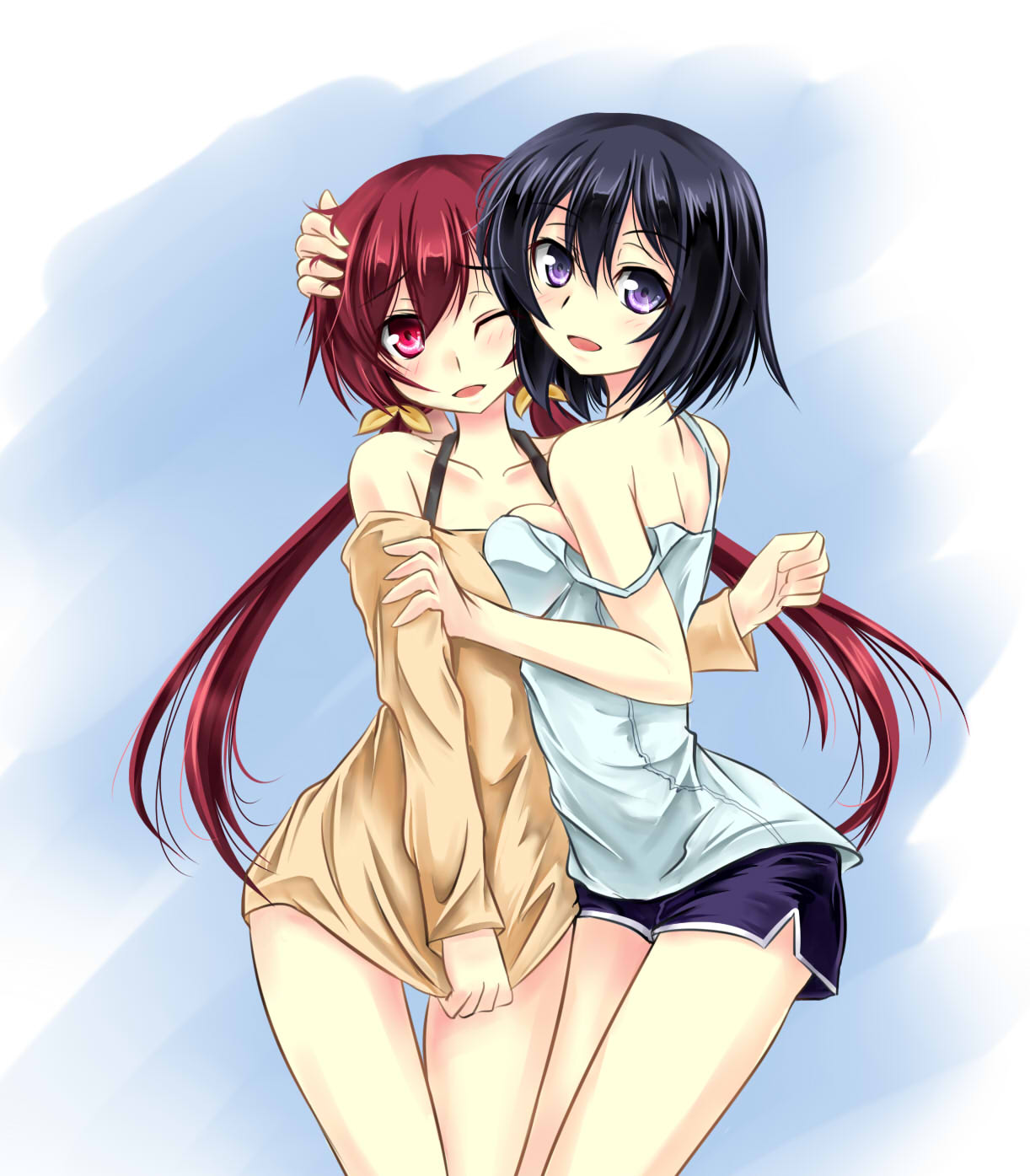 2girls, asymmetrical_docking, blue_hair, breast_press, hair_ribbon, hand_on_another's_head, highres, hug, joukamachi_no_dandelion, kiryu264, long_hair, looking_at_viewer, looking_back, low_twintails, multiple_girls, open_mouth, red_eyes, redhead, ribbon, sakurada_akane, sakurada_kanade, shirt_tug, short_hair, shorts, siblings, sisters, smile, strap_slip, thigh_gap, twintails, violet_eyes