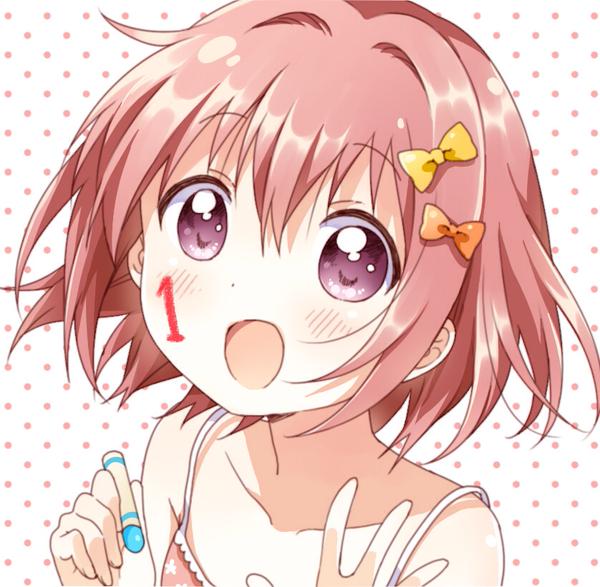1girl, :d, akaza_akari, casual, collarbone, crayon, hair_intakes, looking_at_viewer