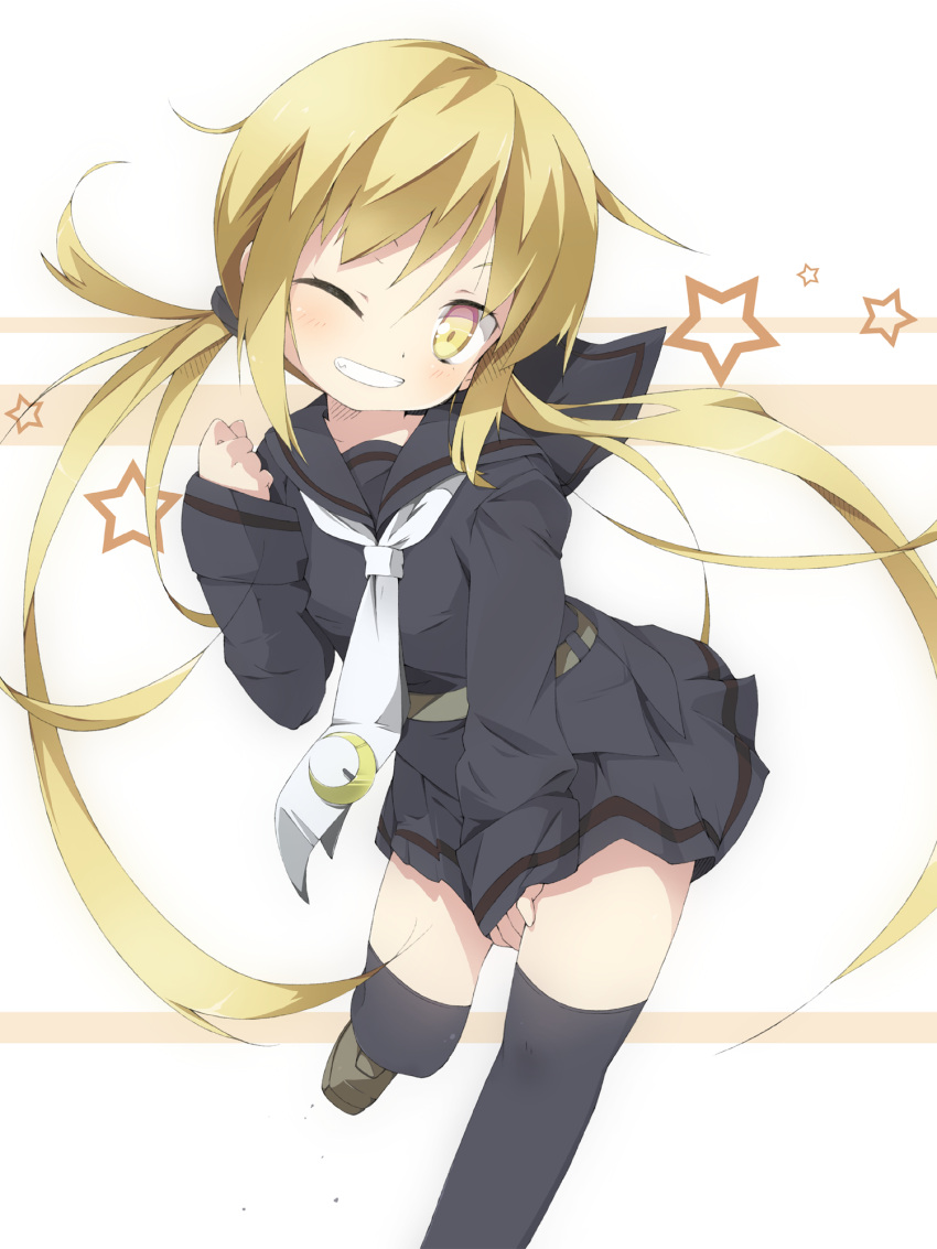 blonde_hair, grin, highres, kantai_collection, long_hair, low_twintails, one_eye_closed, running