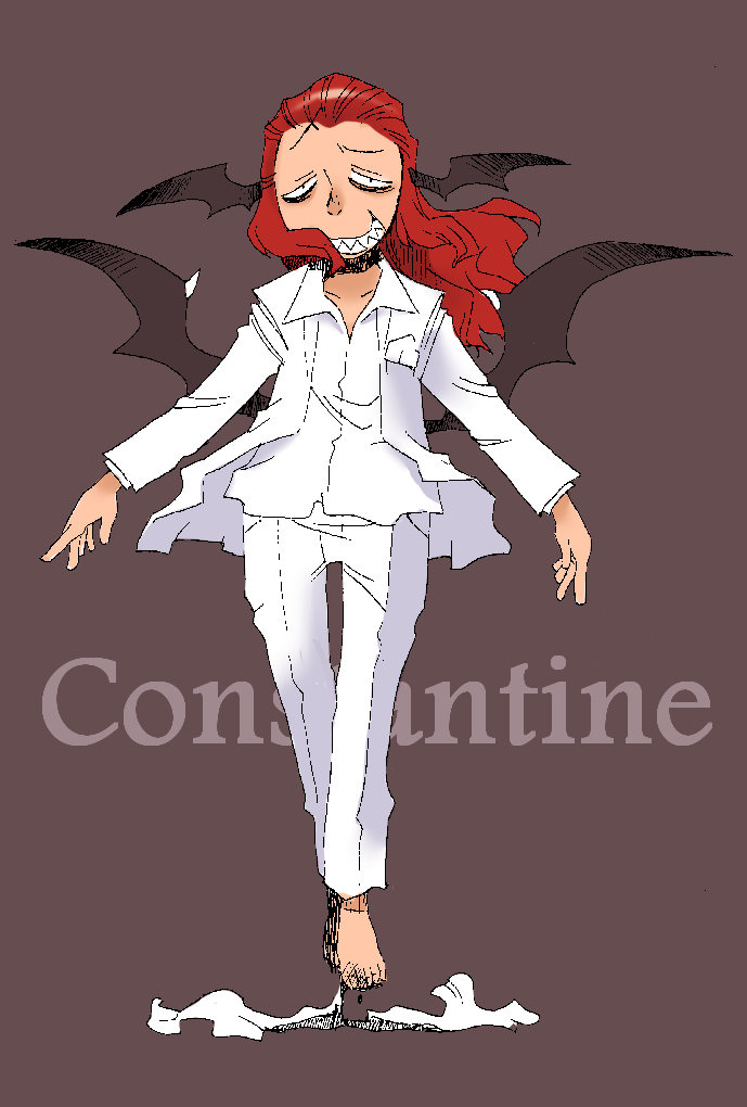 1girl, bat_wings, constantine, cosplay, formal, head_wings, koakuma, long_hair, lucifer_(constantine), lucifer_(constantine)_(cosplay), onikobe_rin, redhead, smile, solo, suit, touhou, wings
