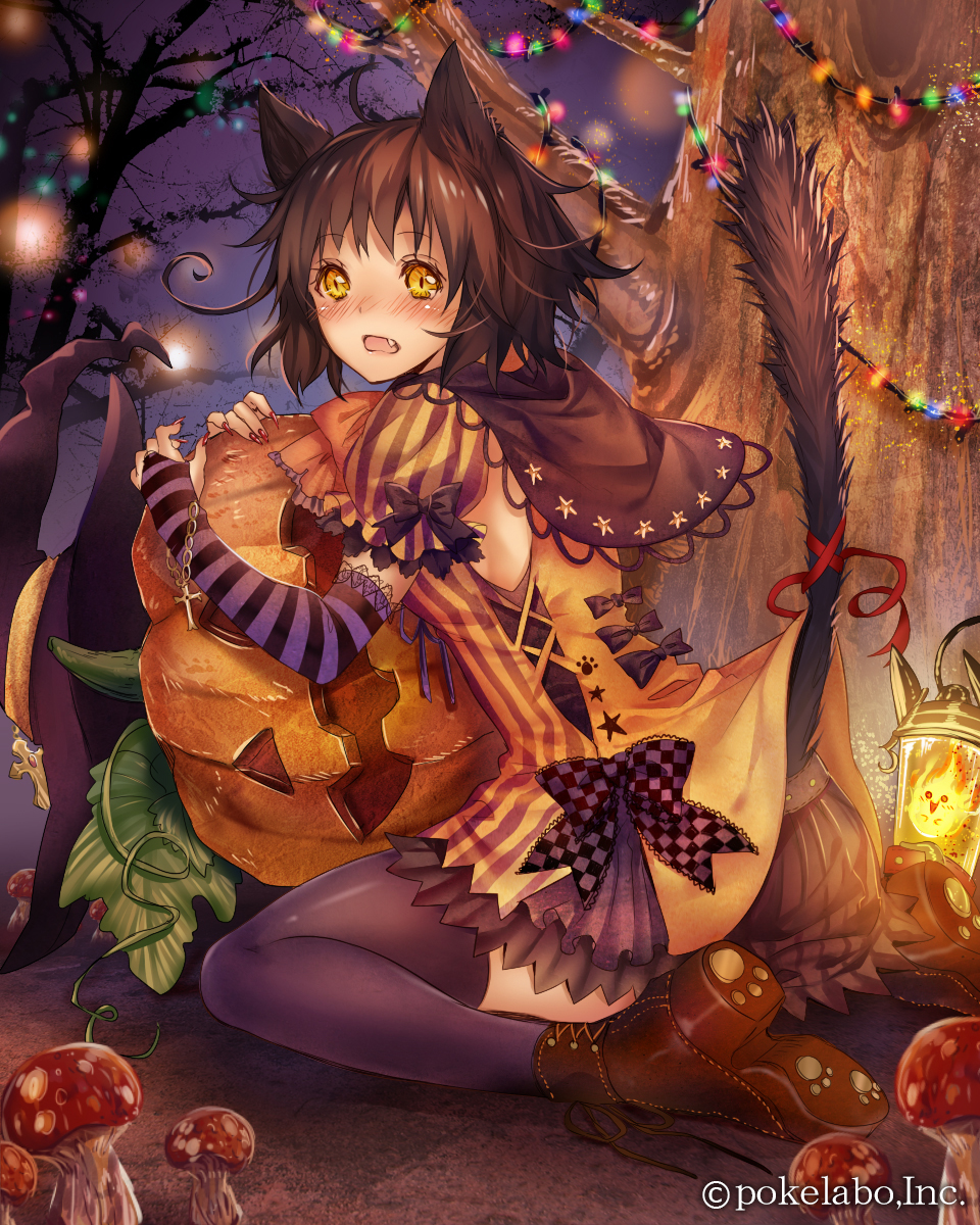 1girl, animal_ears, blush, brown_hair, cat_ears, cat_tail, eikou_no_guardian_battle, fang