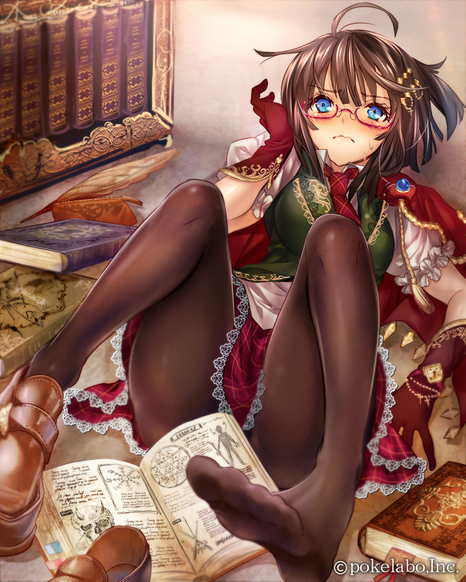 1girl, blue_eyes, blush, book, brown_hair, cape, eikou_no_guardian_battle, glasses