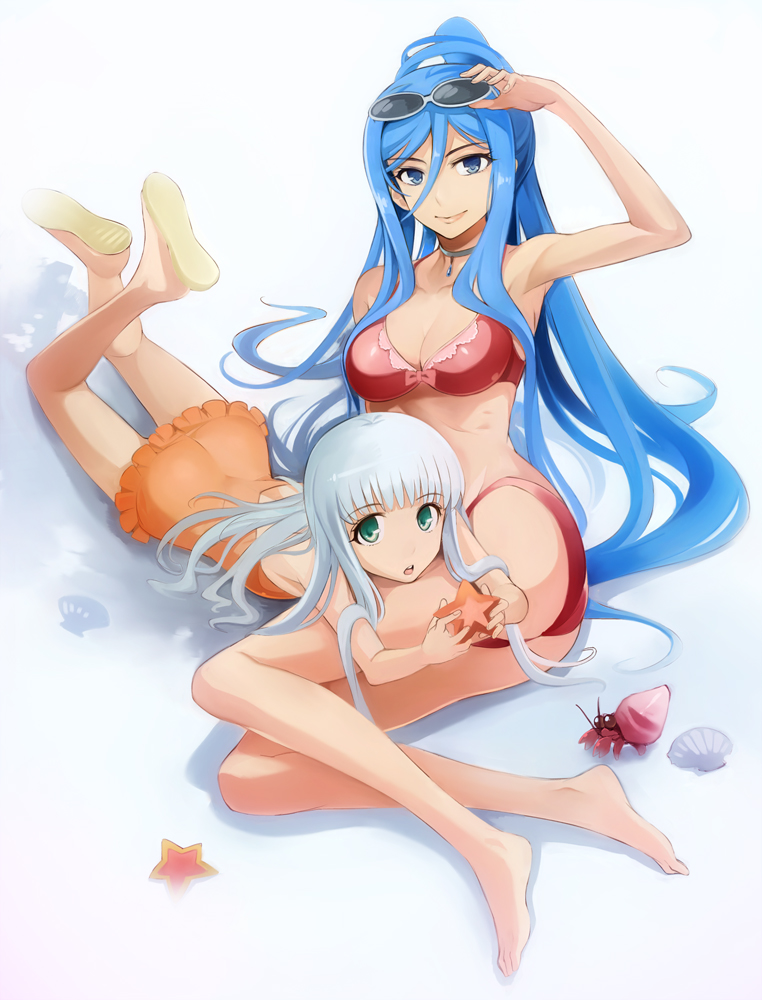 aoki_hagane_no_arpeggio, bikini, blue_eyes, blue_hair, casual_one-piece_swimsuit, green_eyes, hermit_crab, iona