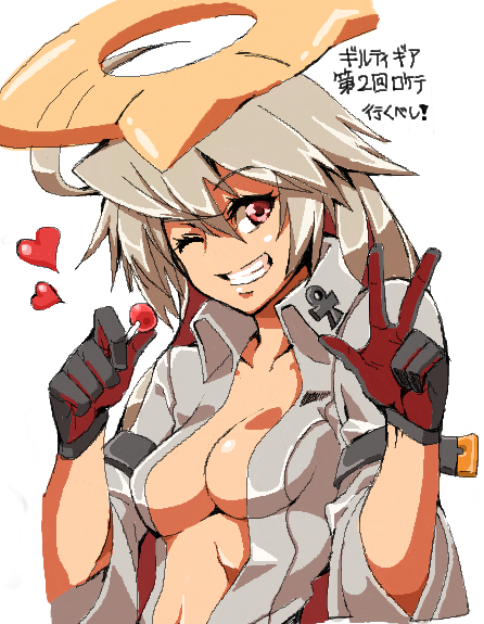 1girl, ;d, ahoge, breasts, candy, cleavage, gloves, grin