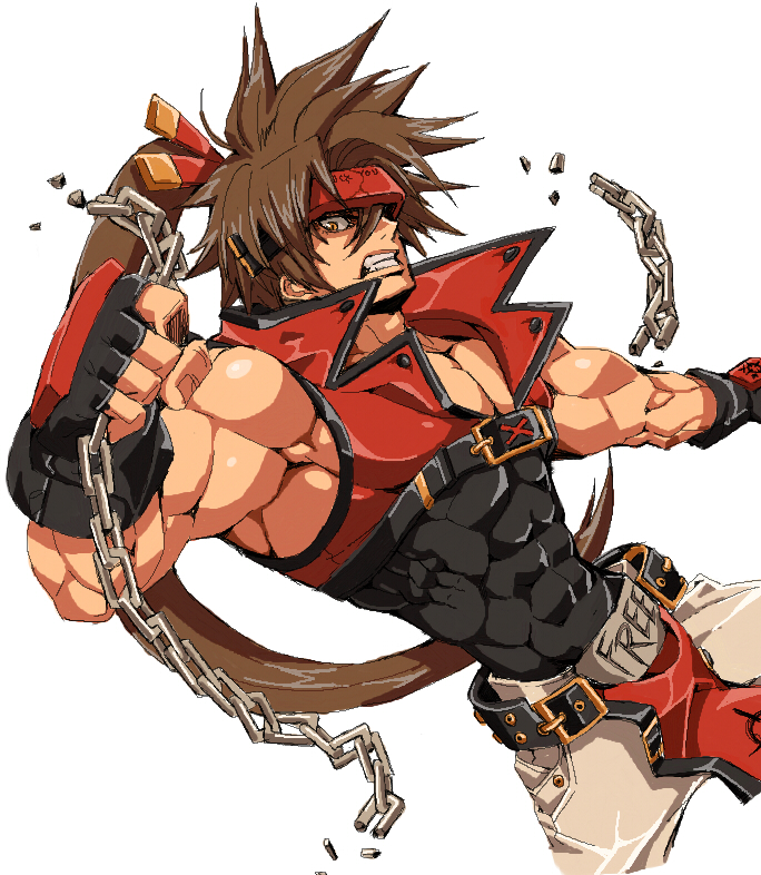 1boy, abs, belt, brown_eyes, brown_hair, chain, guilty_gear, headband