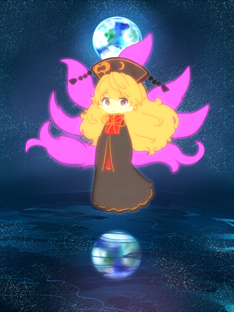 1girl, black_dress, blonde_hair, chinese_clothes, crescent, dress, earth, energy