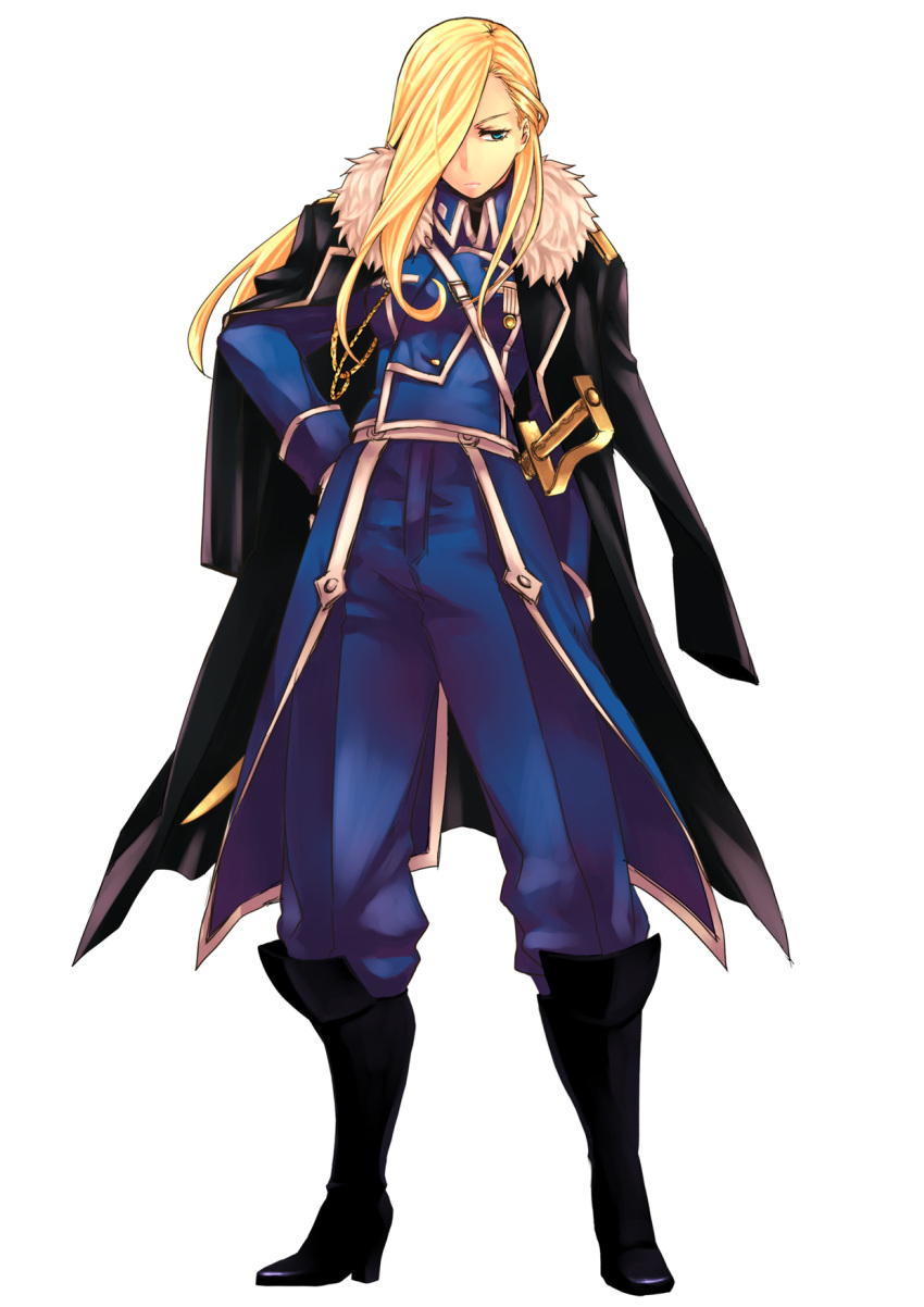 aqua_eyes, blonde_hair, boots, coat, fullmetal_alchemist, green_eyes, hair_over_one_eye, hand_on_hip