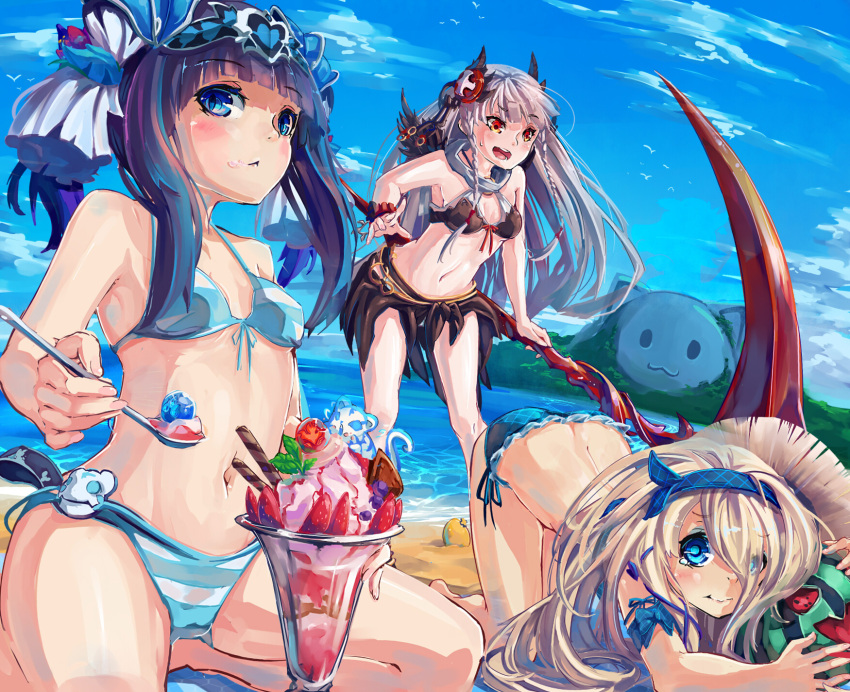 3girls, :<, beach, bikini, black_hair, blonde_hair, blue_bikini, blue_eyes