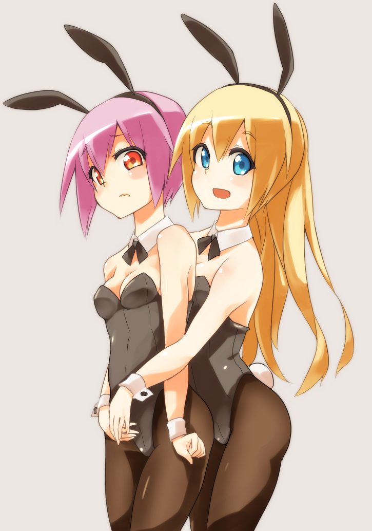 2girls, animal_ears, arnval_mk2, blonde_hair, blue_eyes, bowtie, bunny_tail, bunnysuit