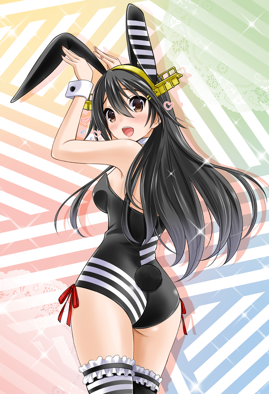 1girl, animal_ears, bare_shoulders, black_hair, blush, brown_eyes, bunnysuit, camouflage