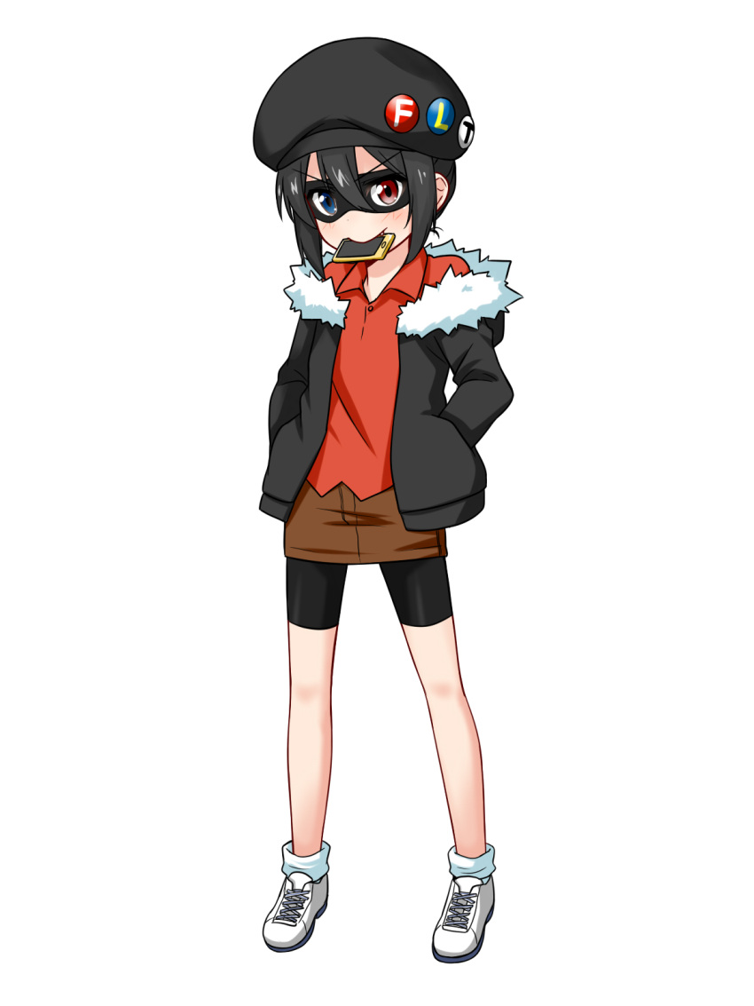 ankle_socks, bellezza_felutia, beret, bike_shorts, black_hair, blue_eyes, button, cell_phone, cosplay, crossover, felutiahime, hair_between_eyes, hands_in_pockets, heterochromia, highres, himouto!_umaru-chan, looking_at_viewer, miniskirt, mouth_hold, otoko_no_ko, parka, parody, red_eyes, smart_phone, umr, white_shoes
