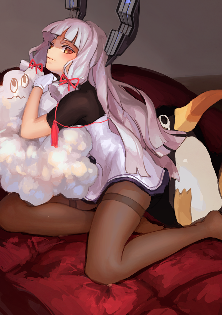 1girl, bangs, black_legwear, blunt_bangs, bodysuit, failure_penguin, gloves, hair_ribbon