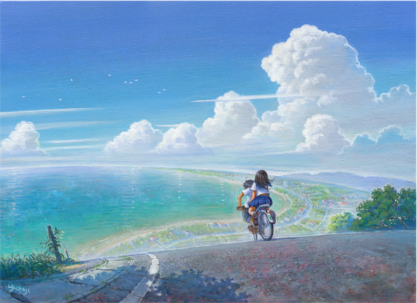 1boy, 1girl, acrylic_paint_(medium), bicycle, bird, clouds, grass, hill