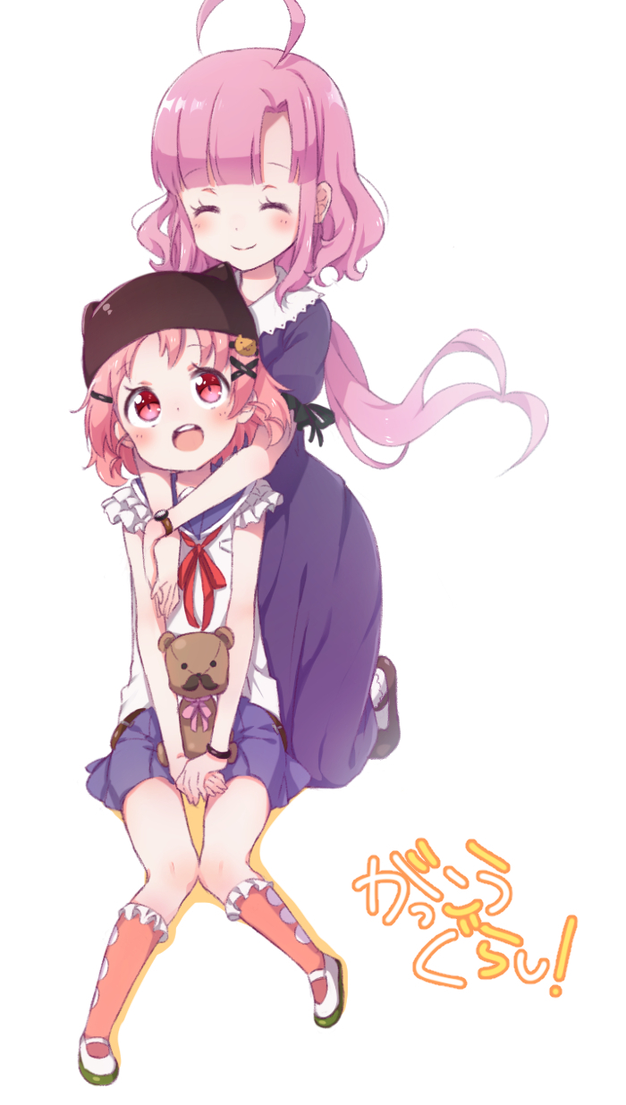 2girls, ahoge, blush, bracelet, cross, dress, gakkou_gurashi!, hair_ornament