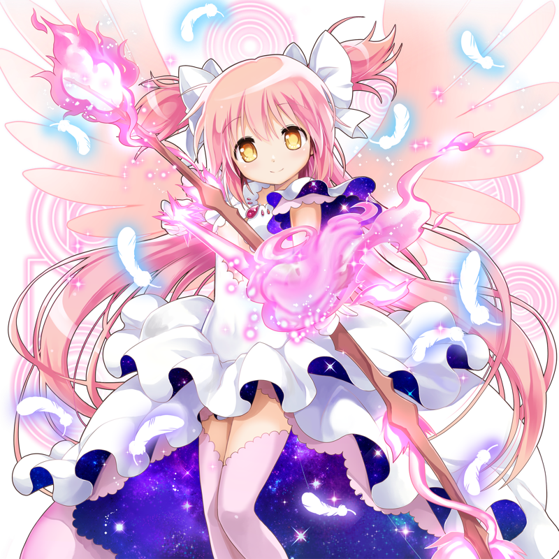 1girl, bow, bow_(weapon), dress, feathers, fire, gloves, goddess_madoka