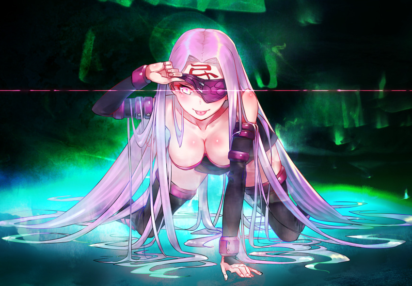 1girl, all_fours, bare_shoulders, blindfold, blindfold_pull, blush, boots, breasts, cleavage, dress, elbow_gloves, facial_mark, fate/stay_night, fate_(series), forehead_mark, gloves, glowing, glowing_eyes, highres, long_hair, purple_hair, rider, rolua, sleeveless, solo, thigh-highs, thigh_boots, tongue, tongue_out, very_long_hair, violet_eyes