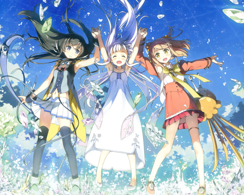 3girls, black_hair, black_legwear, blue_eyes, blush, brown_hair, dorothy_(glass_no_hana_to_kowasu_sekai), dress, dual_(glass_no_hana_to_kowasu_sekai), glass_no_hana_to_kowasu_sekai, highres, kantoku, long_hair, multiple_girls, open_mouth, rimo_(glass_no_hana_to_kowasu_sekai), scan, short_hair, skirt, sky, smile, sundress, thigh-highs, white_hair, yellow_eyes