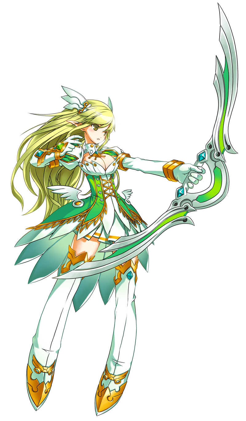 1girl, boots, bow_(weapon), breasts, cleavage, detached_sleeves, elsword, gloves, grand_archer_(elsword), green_eyes, green_hair, hair_ornament, highres, juliet_sleeves, long_hair, long_sleeves, official_art, pointy_ears, puffy_sleeves, rena_(elsword), ress, serious, skirt, solo, thigh-highs, thigh_boots, weapon, white_boots, white_gloves, white_skirt