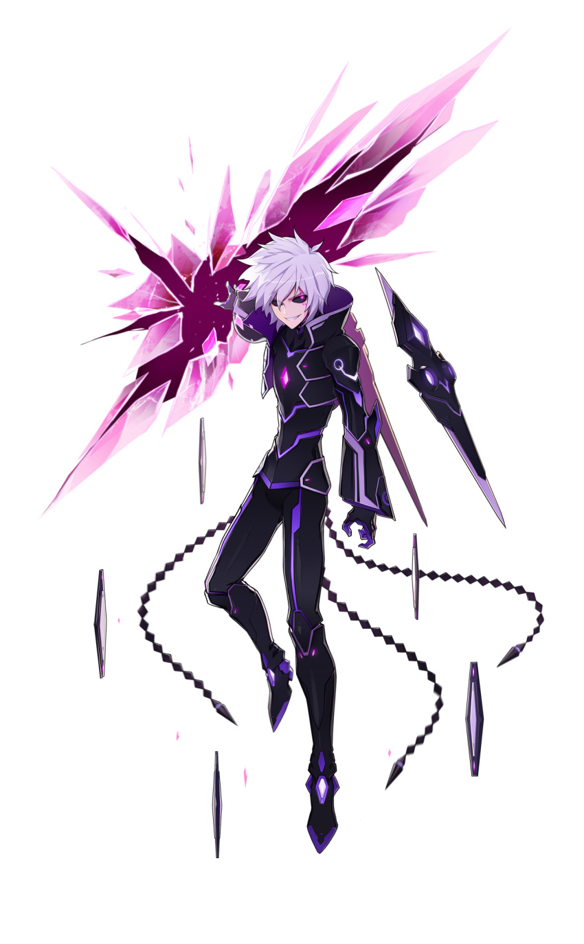 1boy, add_(elsword), black_boots, black_sclera, bodysuit, boots, cropped_jacket, diabolic_esper_(elsword), elsword, evil_smile, facial_mark, gloves, grin, highres, hwansang, male_focus, messy_hair, official_art, popped_collar, smile, solo, tattoo, violet_eyes, white_hair