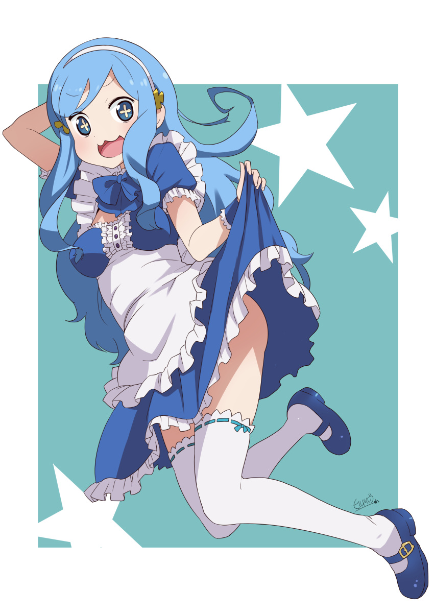 +_+, 1girl, :3, :d, absurdres, apron, blue_eyes, blue_hair, blush, dress, frills, hairband, highres, himouto!_umaru-chan, long_hair, maid, open_mouth, skirt, skirt_lift, smile, solo, symbol-shaped_pupils, tachibana_sylphynford, takada_sekiyu_(kabu), thigh-highs, very_long_hair, white_legwear
