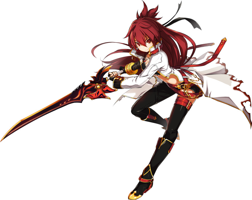 1girl, asymmetrical_clothes, belt, black_boots, black_gloves, black_legwear, blazing_heart_(elsword), boots