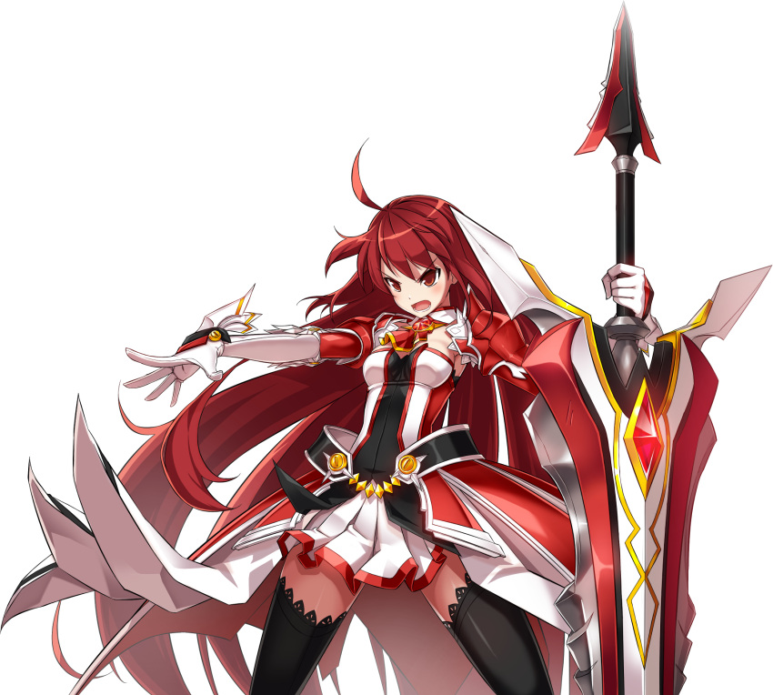 1girl, ahoge, angry, armor, armored_dress, black_legwear, blush, elbow_gloves, elesis_(elsword), elsword, gloves, grand_master_(elsword), highres, huge_weapon, long_hair, necktie, official_art, open_mouth, pantyhose, red_eyes, redhead, ress, skirt, solo, sword, thigh-highs, very_long_hair, weapon, white_gloves, white_skirt