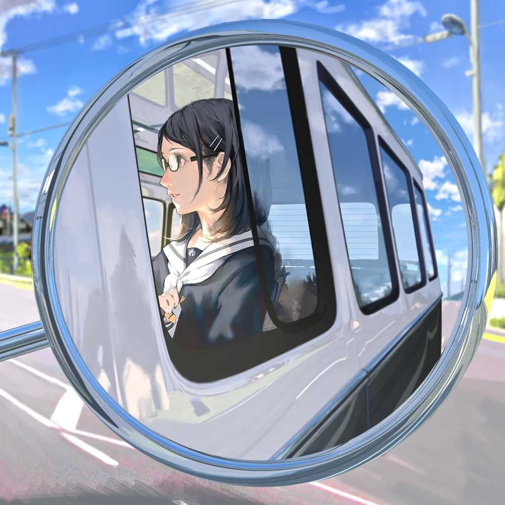 1girl, black_hair, glasses, hair_ornament, hairclip, mirror, motor_vehicle, nizuma