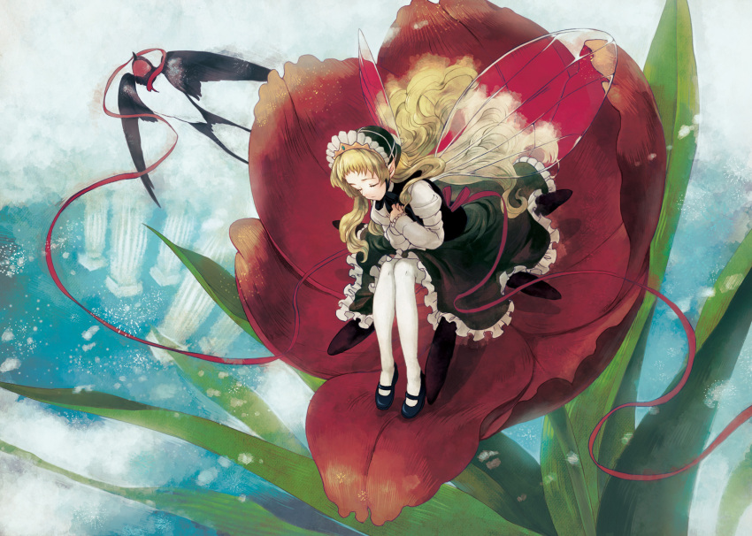 1girl, bird, bird_request, blonde_hair, column, fairy, flower, frills