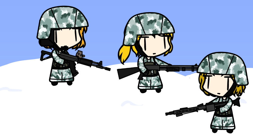 1boy, 2girls, ag96, arma_(series), arma_3, assault_rifle, astfor, chibi