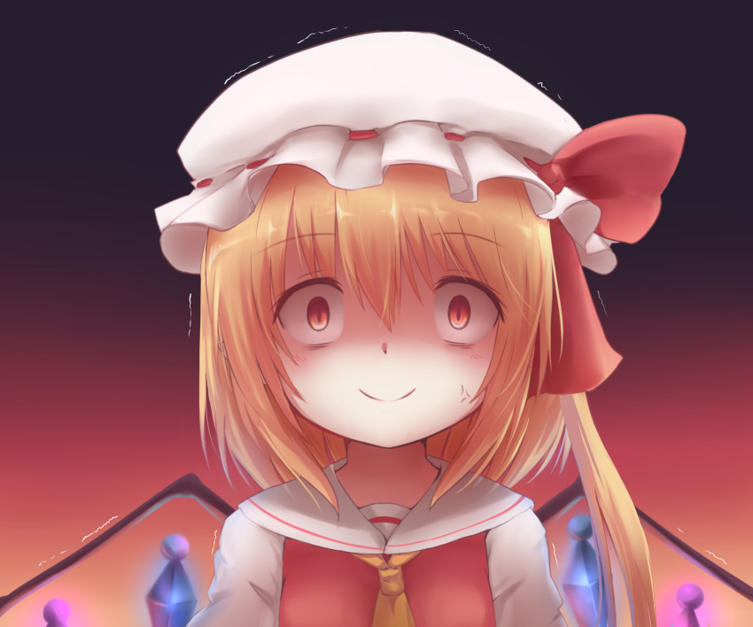 1girl, anger_vein, angry, ascot, blonde_hair, constricted_pupils, flandre_scarlet, hat
