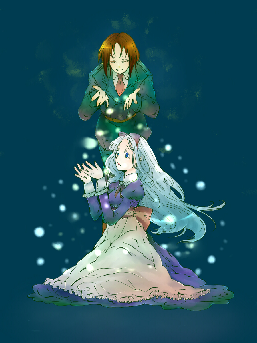 belarus_(hetalia), blue_eyes, brown_hair, closed_eyes, dress, hair_ribbon, highres, lithuania_(hetalia)