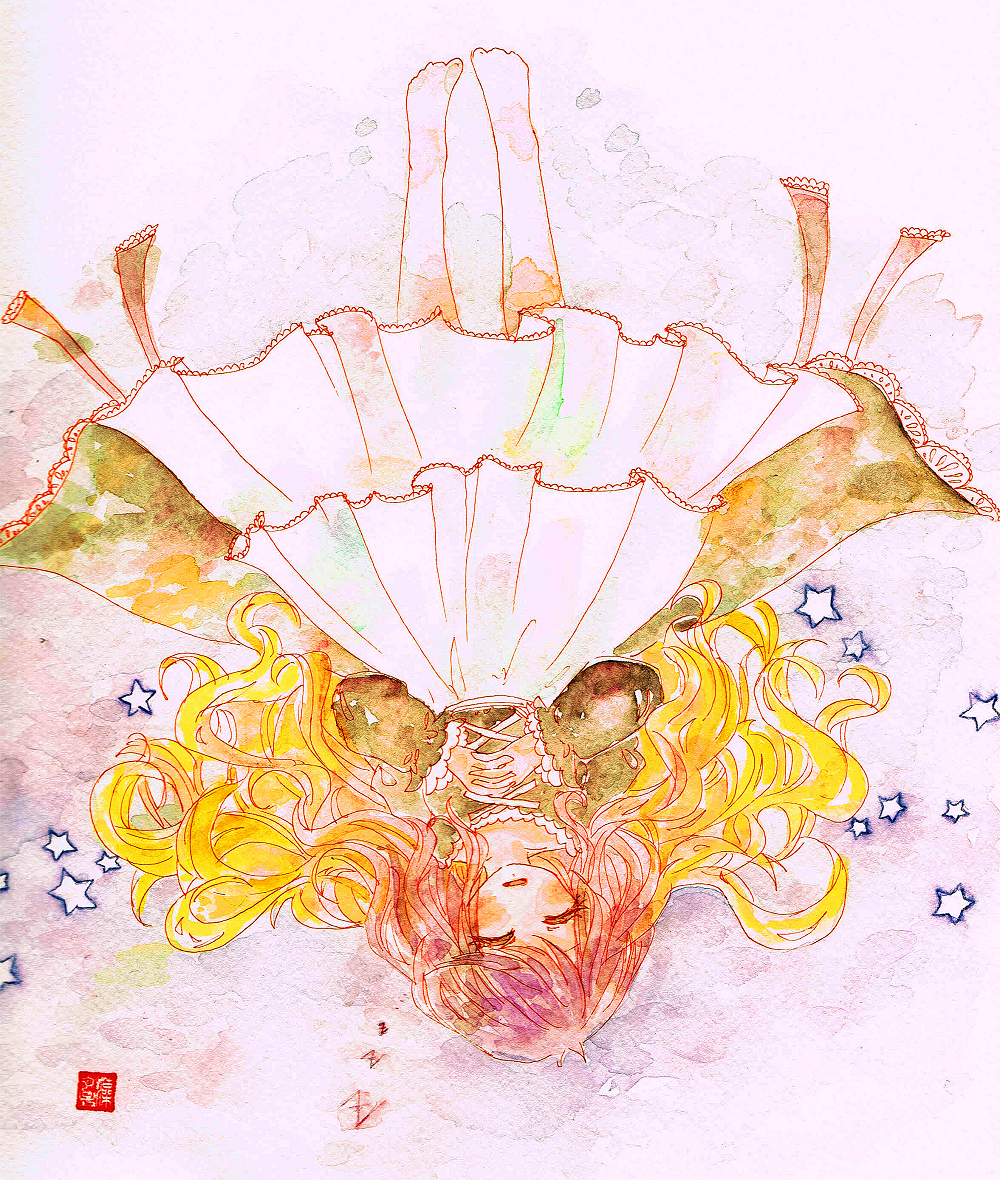 1girl, barefoot, blonde_hair, breasts, closed_eyes, dress, gradient_hair, hands_clasped