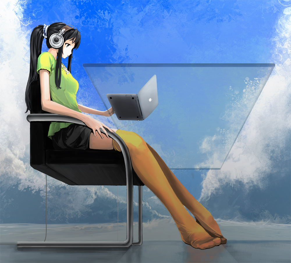 akiyama_mio, black_hair, brown_eyes, casual, computer, feet, foreshortening, from_below, hands, headphones, ibook, k-on!, laptop, legs, long_hair, macintosh, nishinogi, ponytail, product_placement, solo, table, thigh-highs, thighhighs, transparent, yellow_legwear