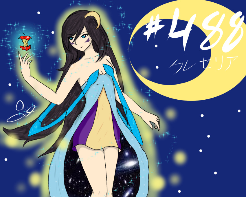 1girl, bare_shoulders, black_hair, blue, blue_eyes, closed_mouth, cresselia, gijinka, leftovers, long_hair, magiakarta, moon, night, nintendo, personification, pokemon, psychic_type, shiny, solo, space, thigh_highs