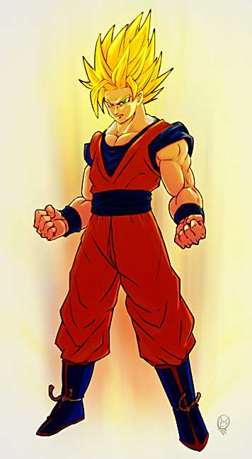 1boy, aura, blonde_hair, dougi, dragon_ball, dragon_ball_z, full_body, green_eyes