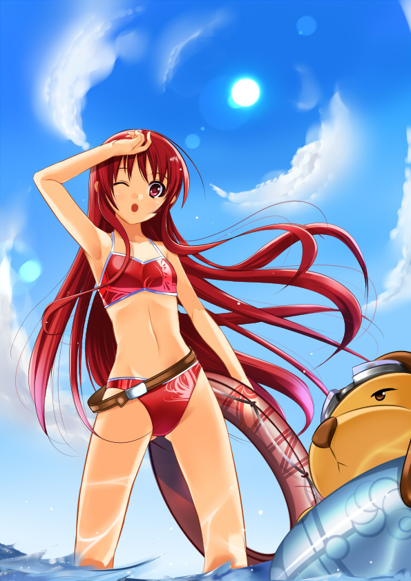 belt, bikini, gen_(whiteline), innertube, long_hair, original, red_eyes, red_hair