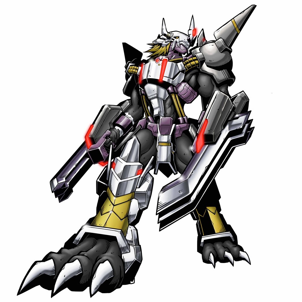 armor, blackwargreymon, blackwargreymon_x, claws, dark_skin, digimon, digimon_world_re:digitize, gauntlets, helmet, horns, monster, no_humans, official_art, short_hair, shoulder_pads, simple_background, solo, spikes, white_background, yasuda_suzuhito, yellow_eyes