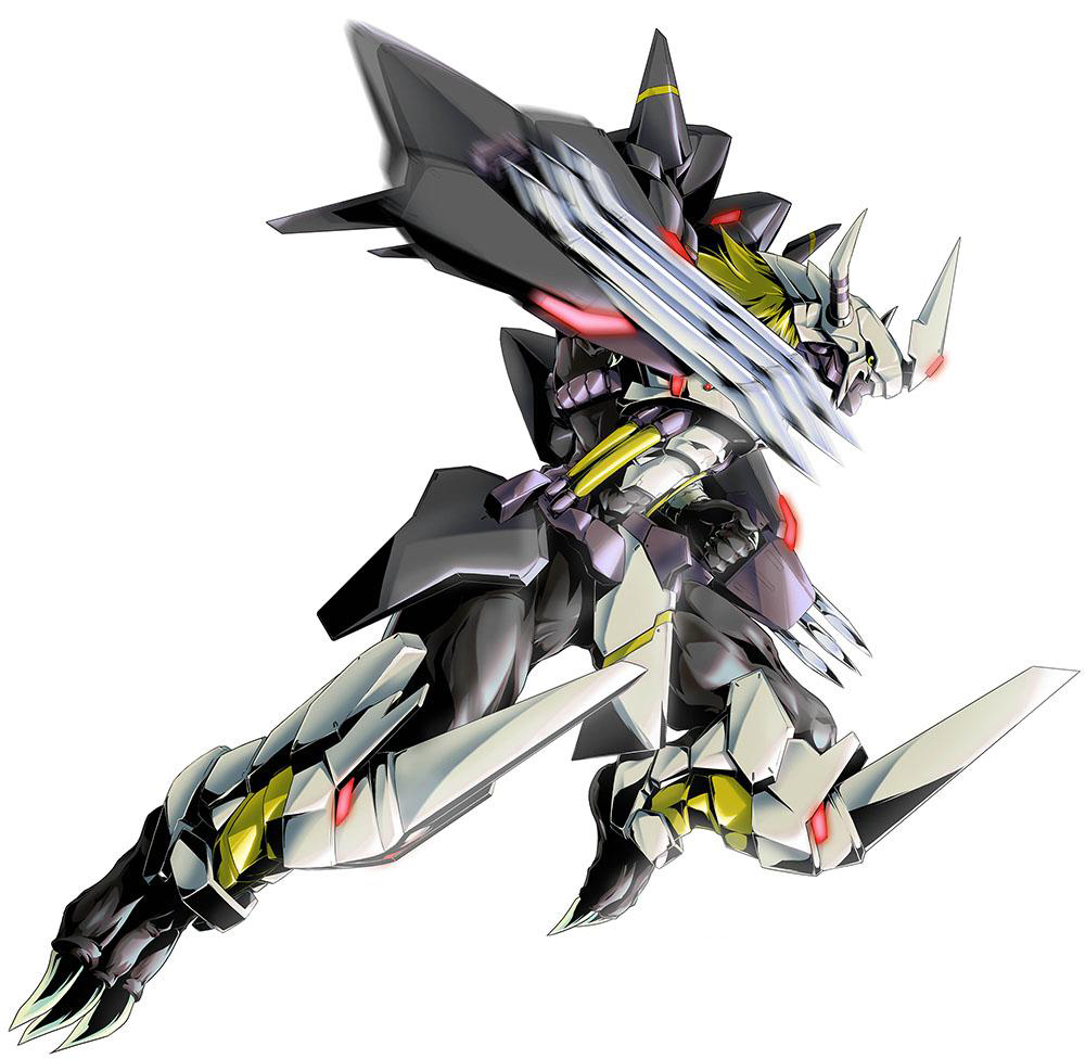 armor, blackwargreymon, blackwargreymon_x, claws, dark_skin, digimon, digimon_world_re:digitize, gauntlets, helmet, horns, monster, no_humans, official_art, short_hair, shoulder_pads, simple_background, solo, spikes, white_background, yellow_eyes