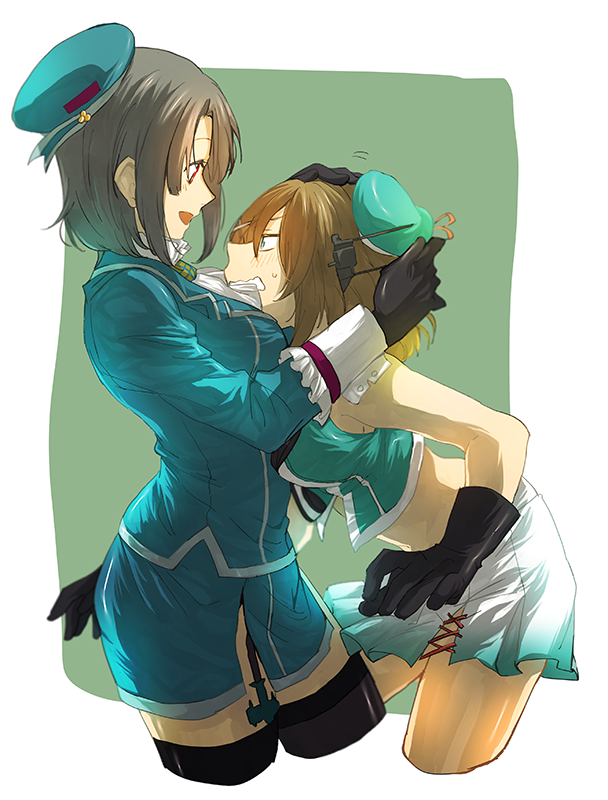 2girls, black_hair, blue_eyes, brown_hair, g-20800, hair_ornament, hat, kantai_collection