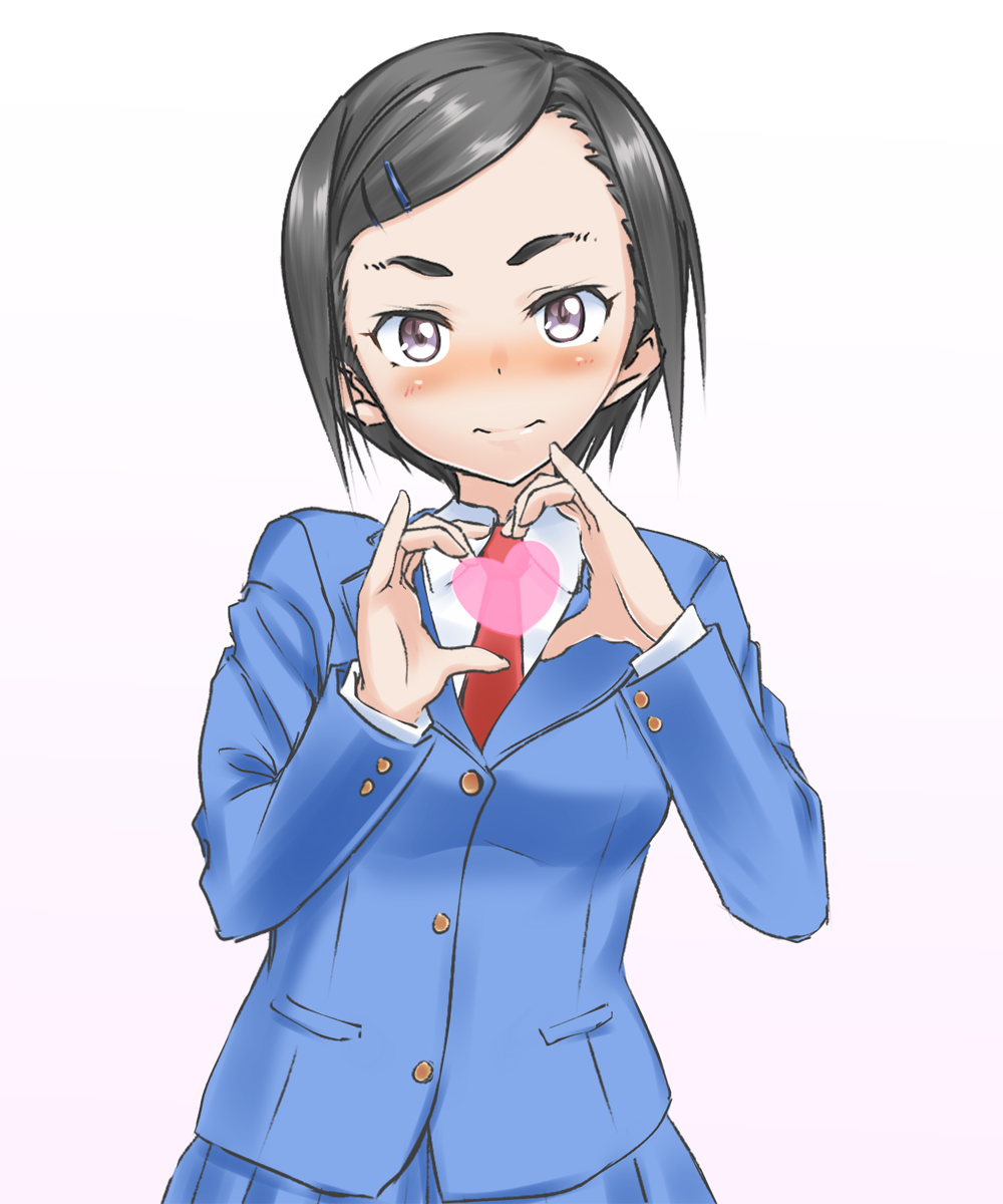 1girl, black_eyes, black_hair, blazer, blush, eyebrows, hair_ornament, hairclip