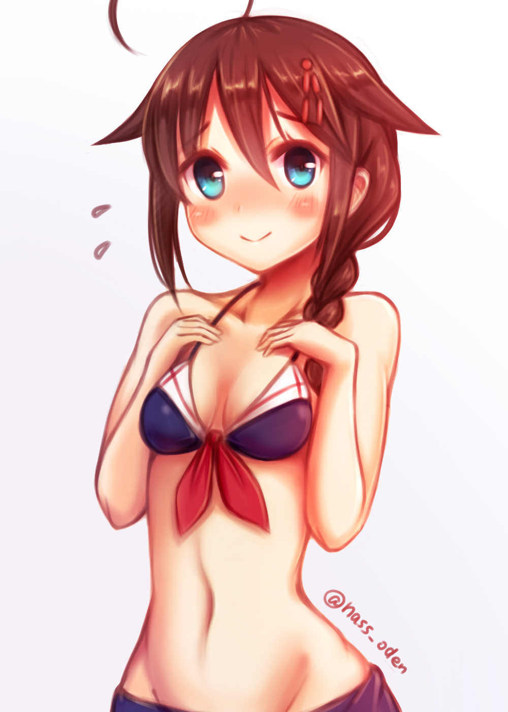 1girl, ahoge, bikini, blue_eyes, blush, braid, breasts, brown_hair