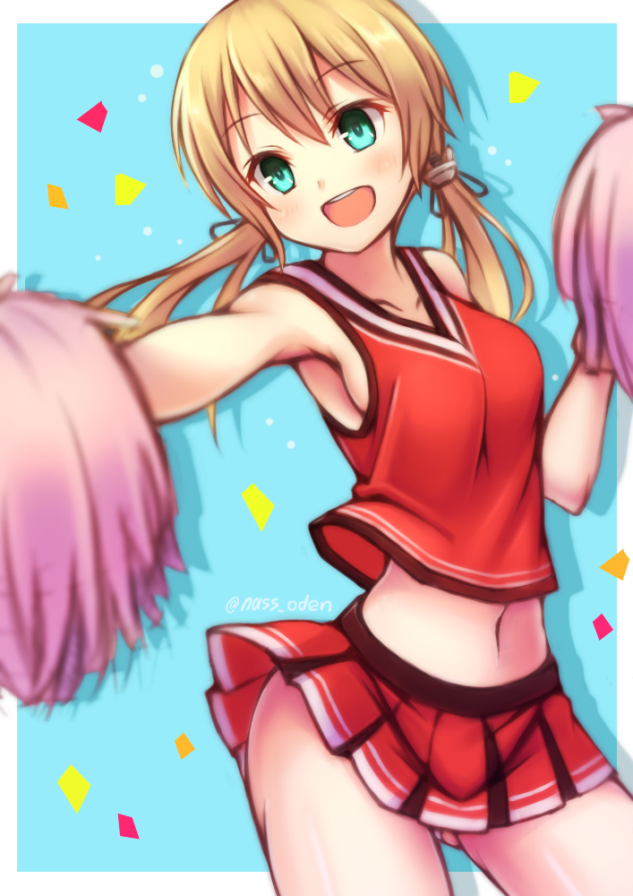 1girl, aqua_eyes, blonde_hair, blue_background, breasts, cheerleader, kantai_collection, long_hair, midriff, n@ss, navel, pom_poms, prinz_eugen_(kantai_collection), red_skirt, skirt, solo, twintails, twitter_username