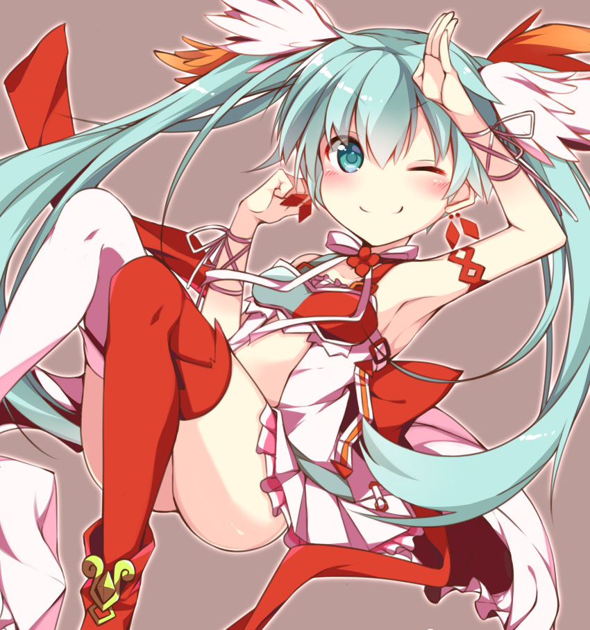 1girl, ;), absurdres, aqua_hair, armpits, blush, brown_background, chrono_(himadon)