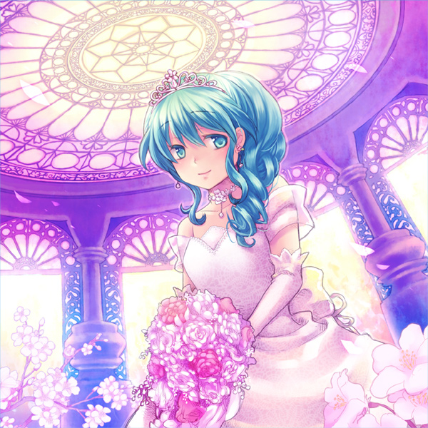 aqua_eyes, aqua_hair, bouquet, bride, cherry_blossoms, choker, curly_hair, dress