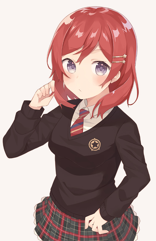 1girl, hair_ornament, hairclip, looking_at_viewer, love_live!_school_idol_project, nagitoki, necktie, nishikino_maki, redhead, school_uniform, short_hair, solo, violet_eyes
