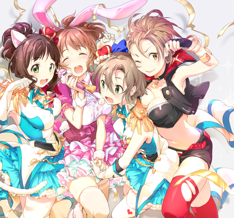 4girls, abe_nana, animal_ears, breasts, brown_eyes, brown_hair, cat_ears, cat_tail, earrings, girl_m, green_eyes, headphones, idolmaster, idolmaster_cinderella_girls, jewelry, kimura_natsuki, maekawa_miku, microphone, multiple_girls, one_eye_closed, open_mouth, ponytail, rabbit_ears, short_hair, smile, tada_riina, tail, thigh-highs