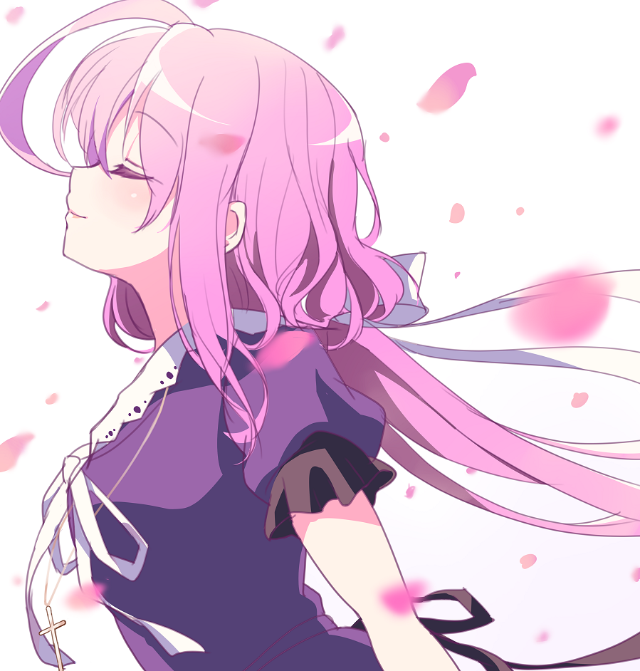 1girl, ahoge, closed_eyes, cross, dress, gakkou_gurashi!, jewelry, kurosa_kichi