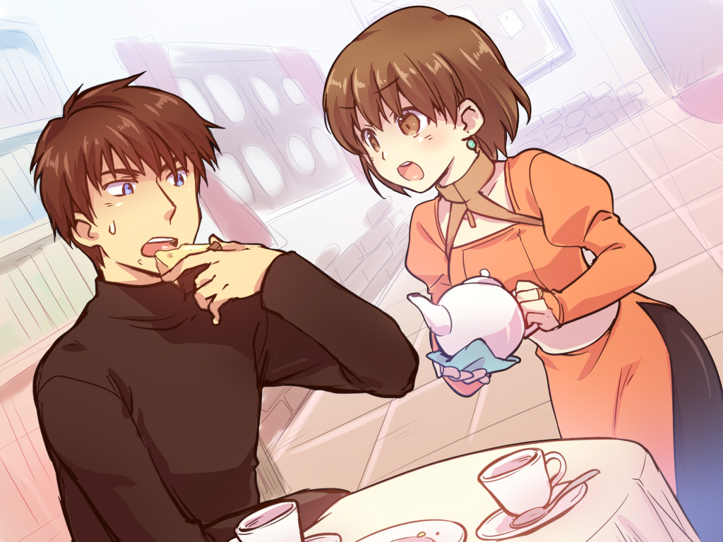 1boy, 1girl, atelier_(series), atelier_elie, brown_eyes, brown_hair, cheesecake, crumbs