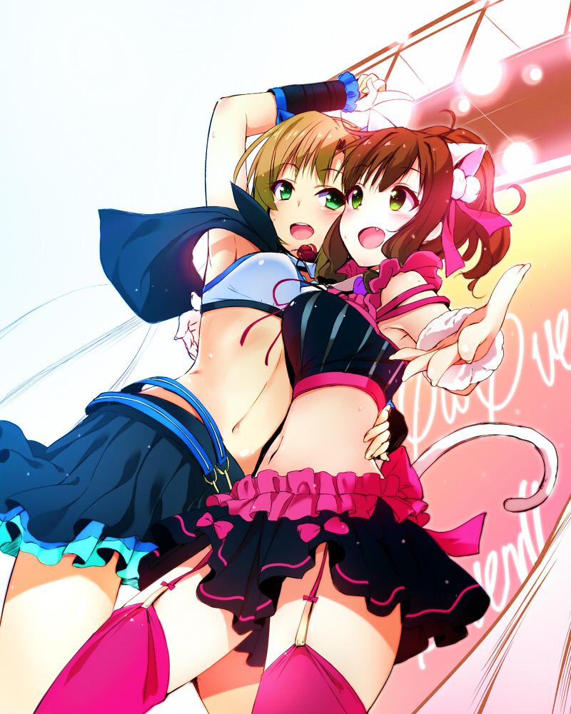 2girls, animal_ears, brown_hair, cat_ears, cat_tail, fang, garter_straps, green_eyes